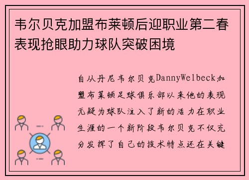 韦尔贝克加盟布莱顿后迎职业第二春表现抢眼助力球队突破困境