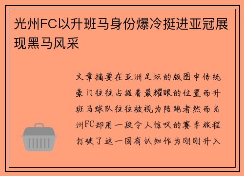 光州FC以升班马身份爆冷挺进亚冠展现黑马风采